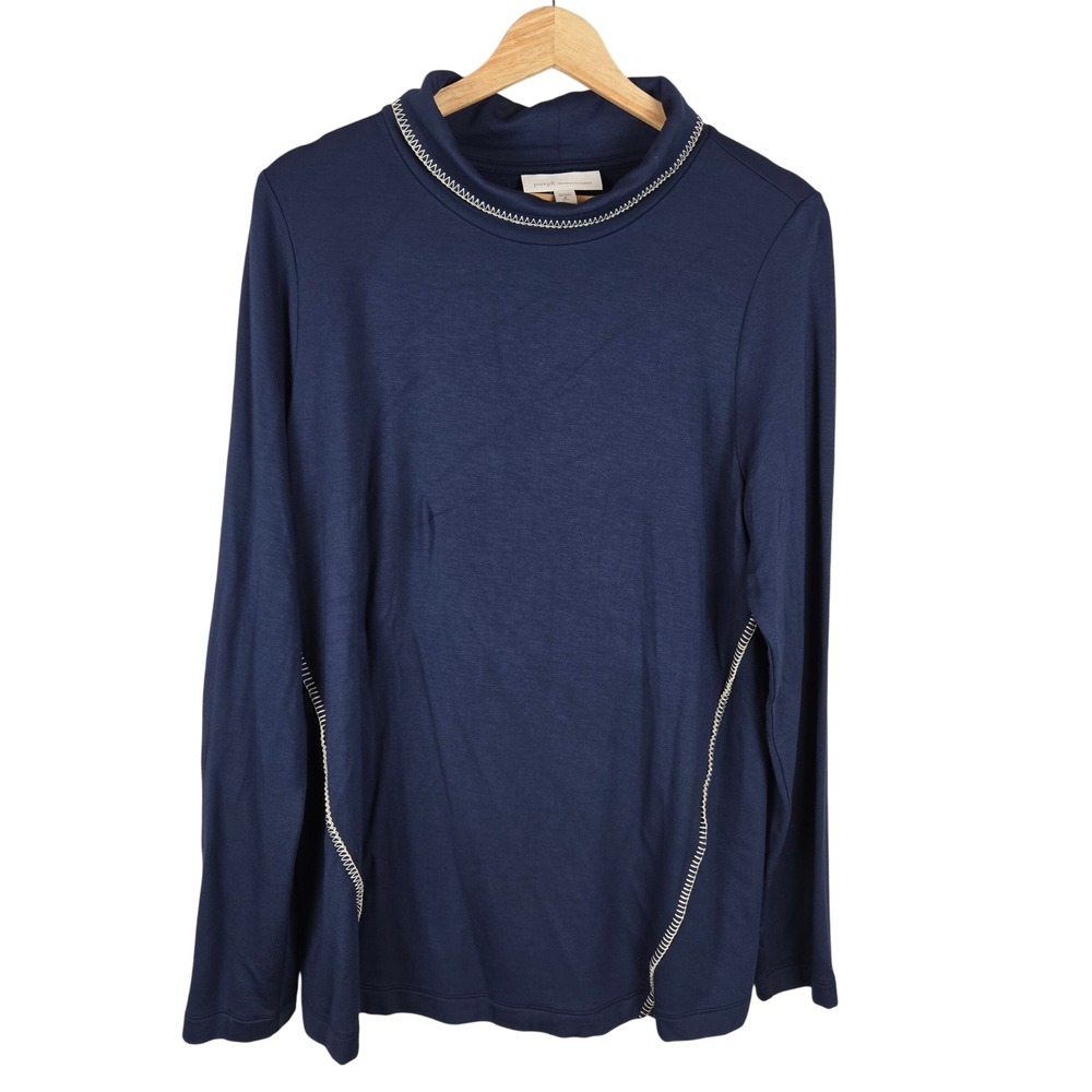 Pure Jill Tranquility Fleece Tunic Top Medium Tall Navy Blue Mock Neck Casual